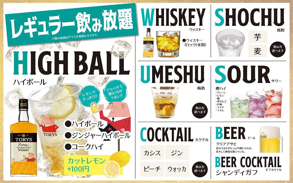 レギュラー飲み放題のメニュー
